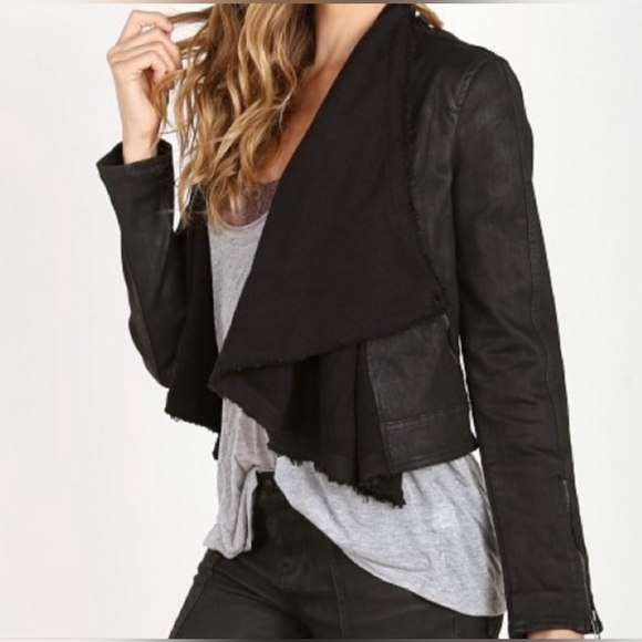 Free People Jackets & Blazers - FREE PEOPLE Size 10/M Black Drape Front Coated Denim Cropped Moto Biker Jacket
